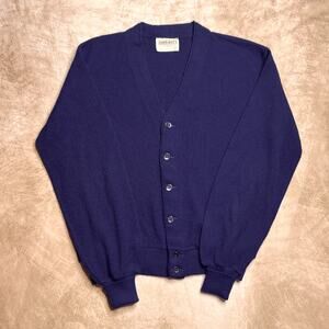 Vintage 80s Lord Jeff Cardigan Sweater Navy Blue Knit Orlon Acrylic V Neck Retro